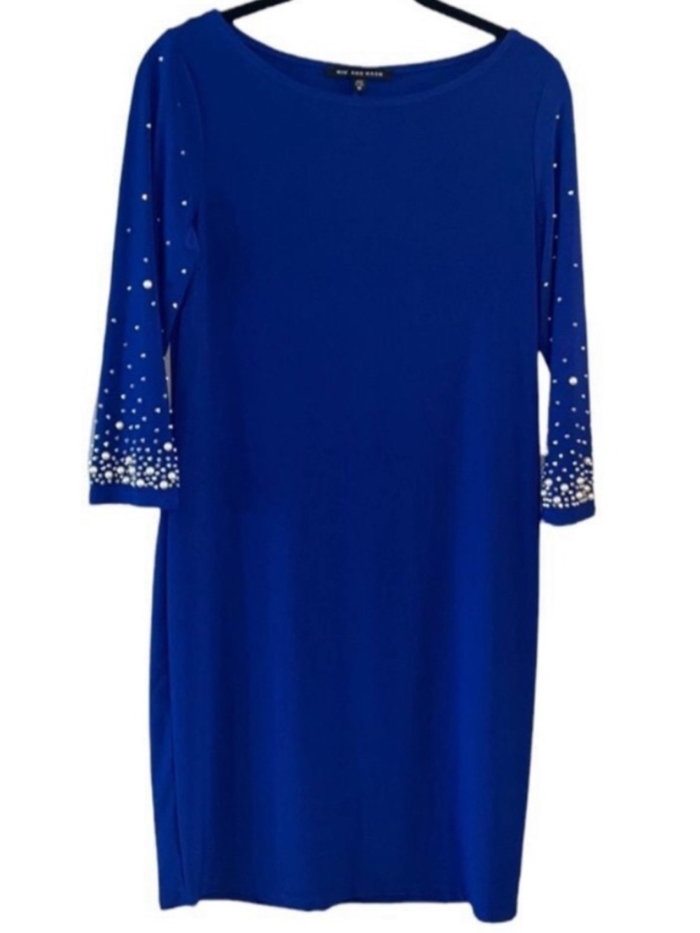 Nik & Nash NEW Long Sleeve Sheath Dress Royal Blue Pearl Rhinestone Womens S